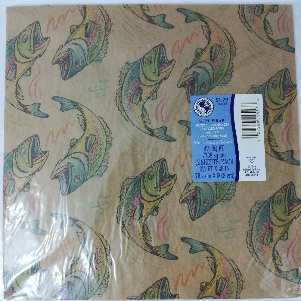 Vintage Hallmark Gift Wrap Fishing Recycled Dad Fathers Day